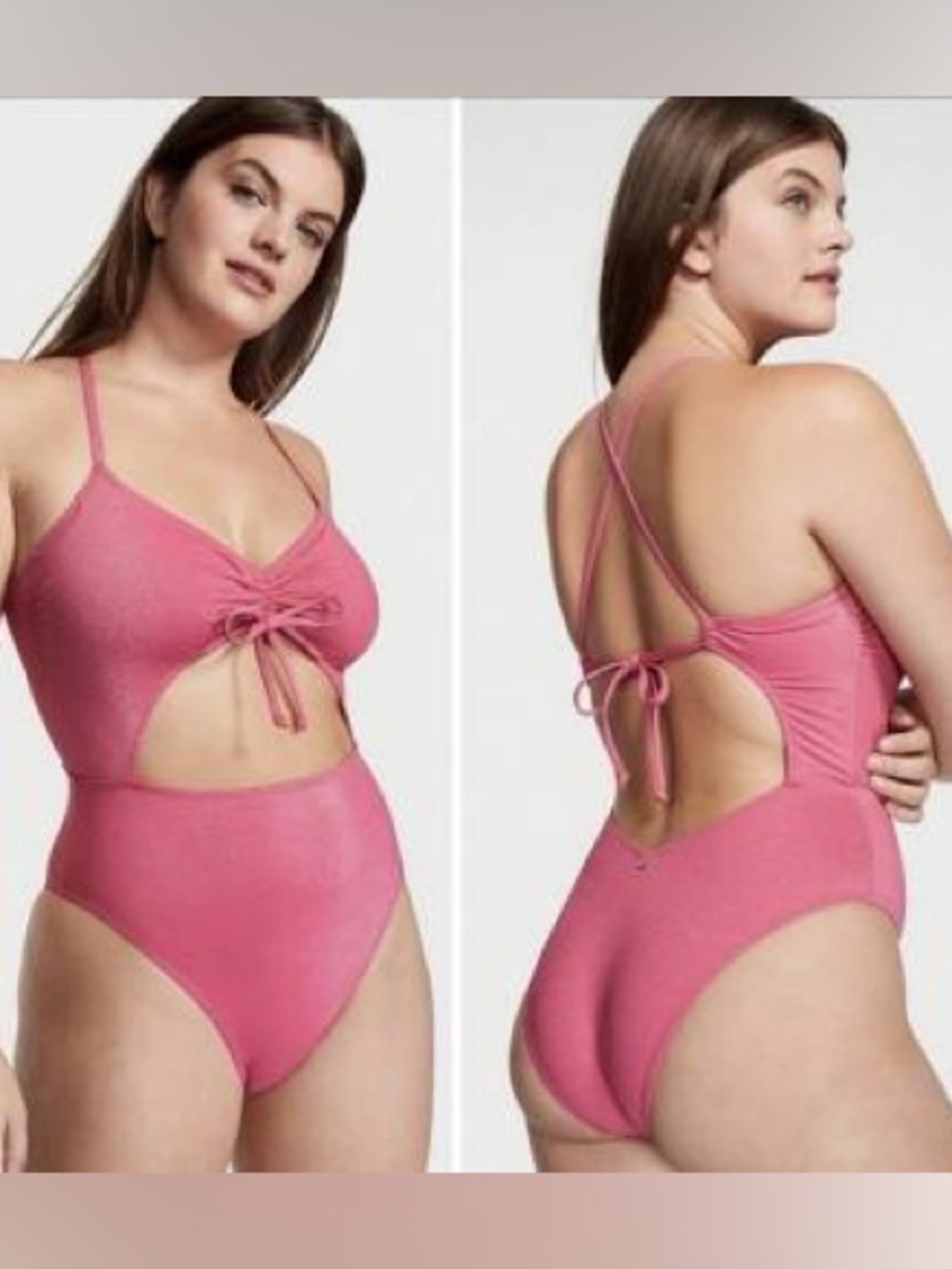 NWT LG VICTORIAS SECRET RUCHED METALLIC PINK One-Piece Cutout Swimsuit (MSRP 60)